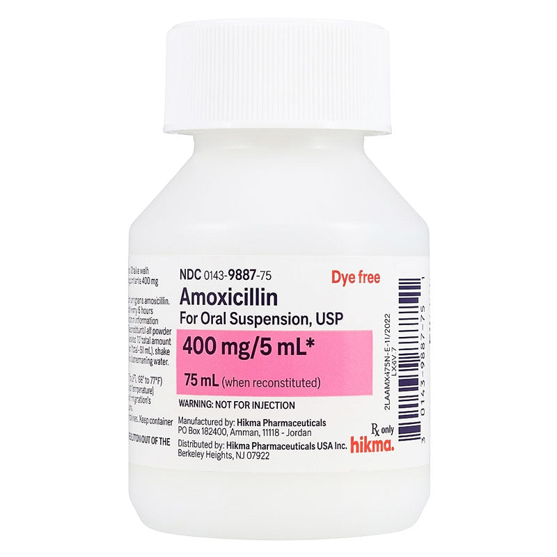 Amoxicillin Oral Suspension Liquid 400mg/5ml Dye Free 75 mL (RX)