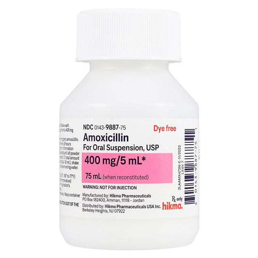 Amoxicillin Oral Suspension Liquid 400mg/5ml Dye Free 75 mL (RX)