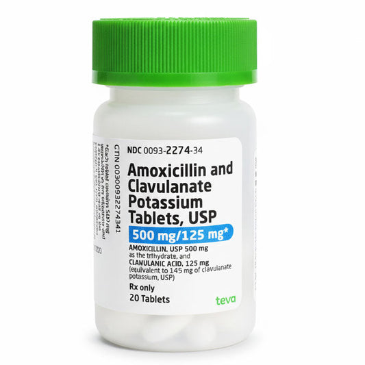 Amoxicillin and Clavulanate Potassium 500 mg/125 mg Tablets 20/Bottle (Rx)