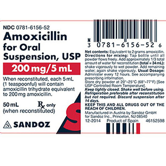Amoxicillin Oral Suspension 200 mg/5 mL 50 mL (Rx)