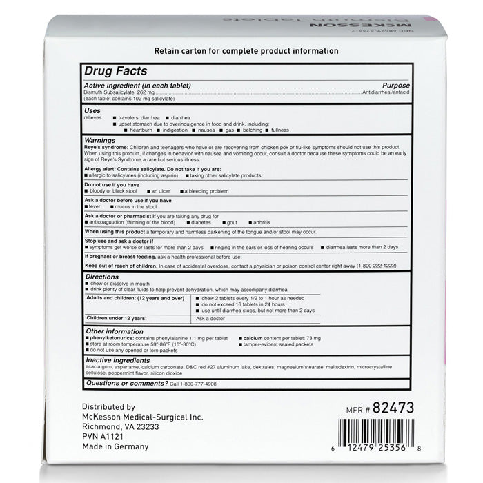 Anti-Diarrheal Bismuth Subsalicylate Chewable Tablets 262 mg, Unit Dose 100-2's (200/Box)