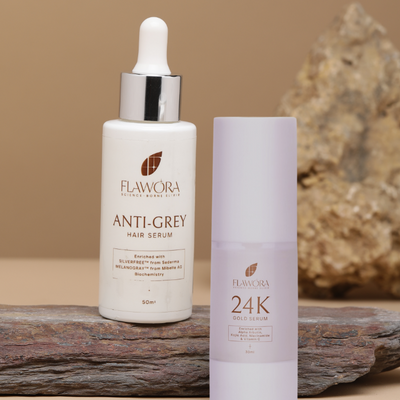 Flawora Anti-Grey Hair Serum For Reversing Grey Hair & Gold Face Serum For Brightening, Anti-Aging