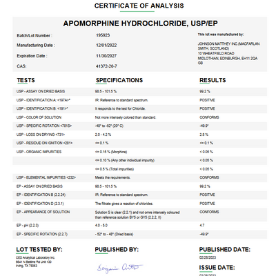 Apomorphine Hydrochloride USP For Compounding (API)  (Rx)