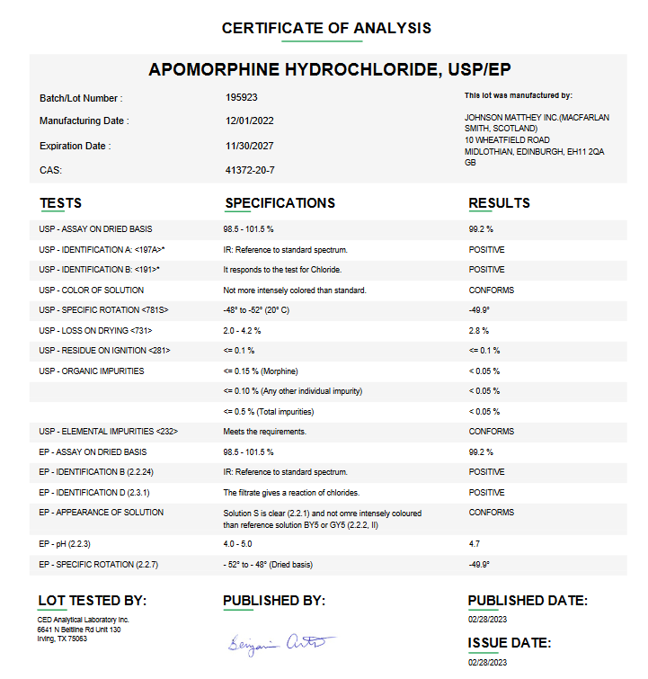 Apomorphine Hydrochloride USP For Compounding (API)  (Rx)