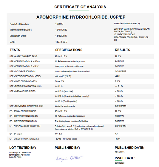 Apomorphine Hydrochloride USP For Compounding (API)  (Rx)