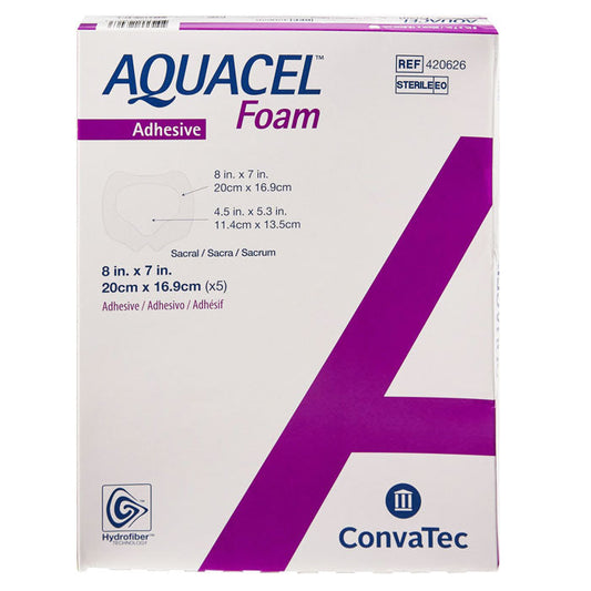 Aquacel Silicone Foam Sacral Dressing with Border Waterproof Film Backing 7" x 8" (5/Box)