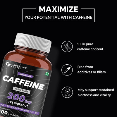 Carbamide Forte Caffeine 200mg Tablets for Men & Women |Pre-Workout Supplement - 100 Veg Tablets