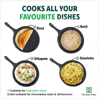 CASTrong Cast Iron Tawa with Handle, Pre-seasoned, 100% Pure, Toxin-free, Induction, 25.7cm, 2kg