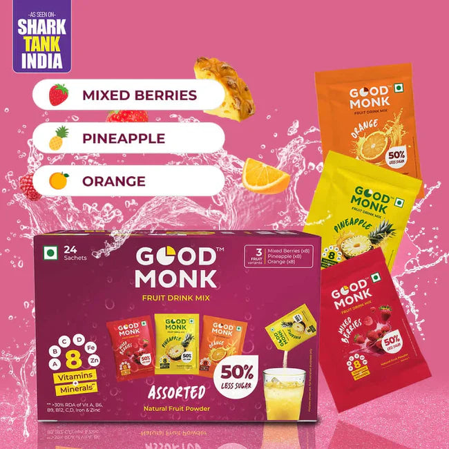 Good Monk Instant Fruit Drink Mix - Assorted (Natural Orange, Mixed Berries, Pineapple Powder), 50% Less Sugar, With 8 Vitamins & Minerals 24 sachets