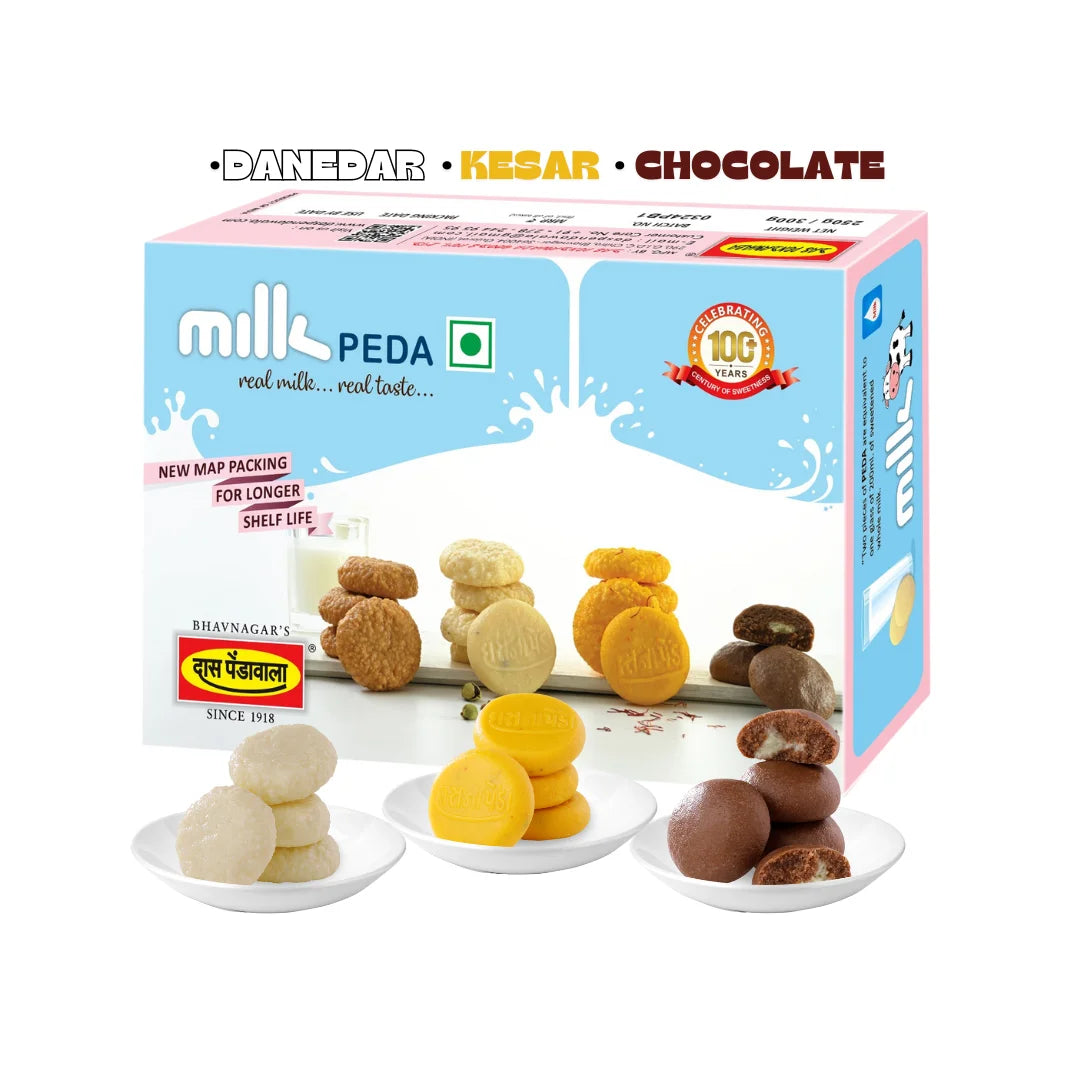 Das Pendawala Assorted Mix Peda – 500 gms | Safed, Danedar, Kesar & Chocolate | Individually MAP Packed | Premium Gujarati Sweets