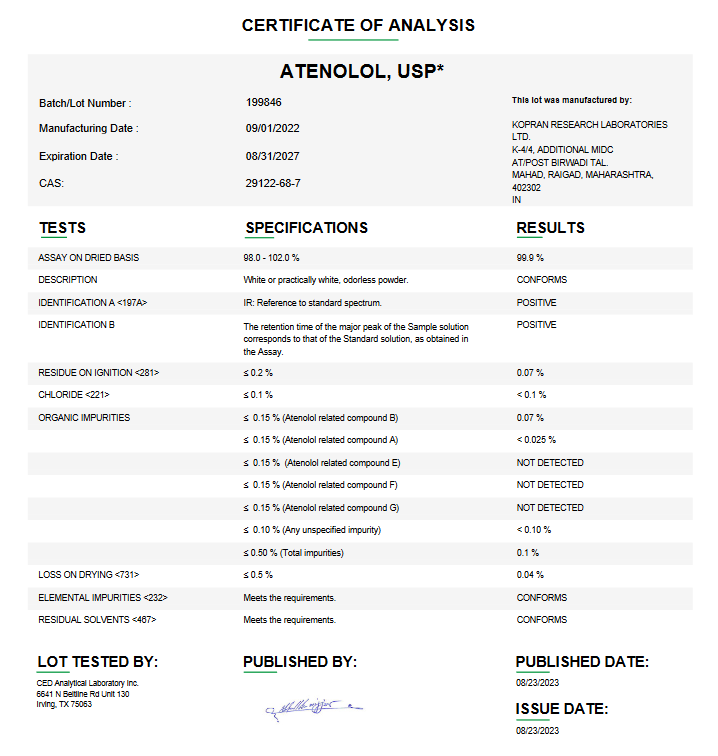 Atenolol USP For Compounding (API) (Rx)
