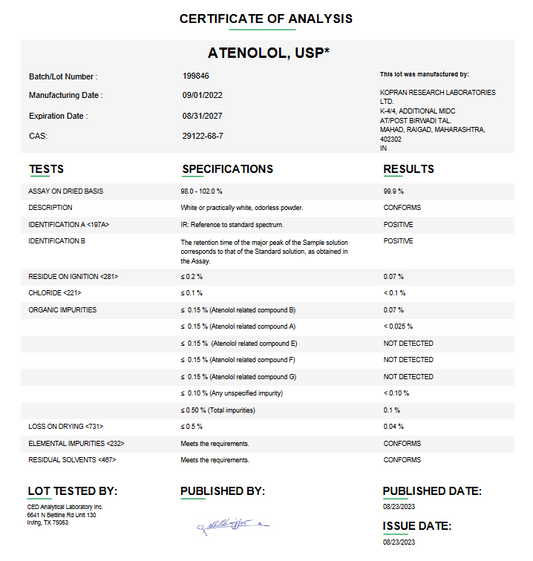 Atenolol USP For Compounding (API) (Rx)