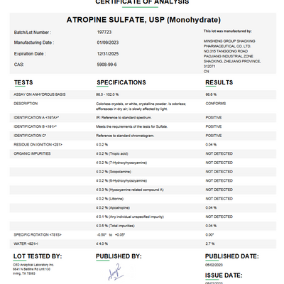 Atropine Sulfate USP (Monohydrate) For Compounding (API) (Rx)