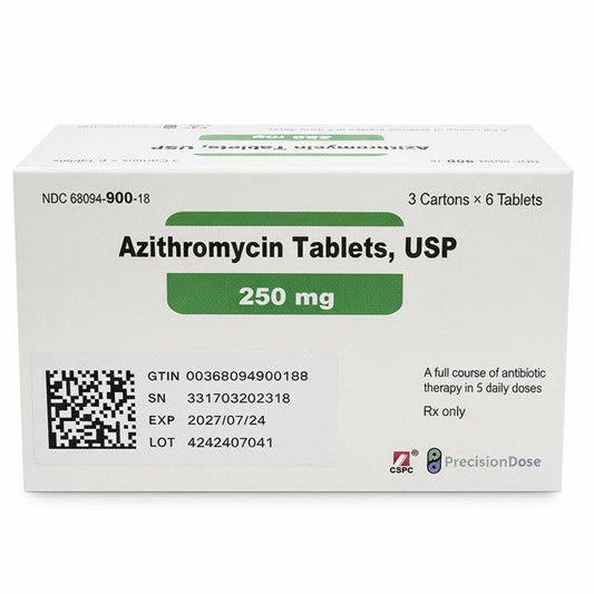 Azithromycin Tablets 250 mg USP 3 Cartons of 6 (18 Count) (RX)