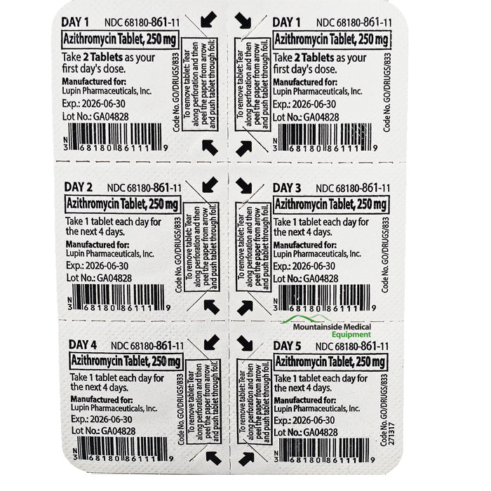 Azithromycin Tablets 250 mg Blister Pack of 6 by Lupin (RX)