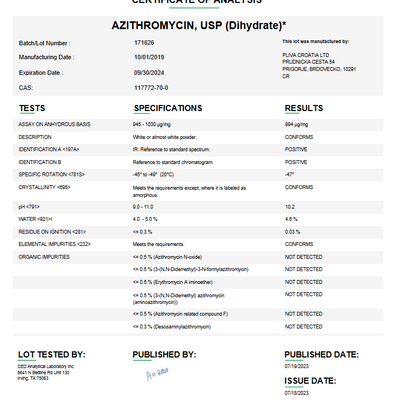 Azithromycin USP (Dihydrate) For Compounding (API) (Rx)