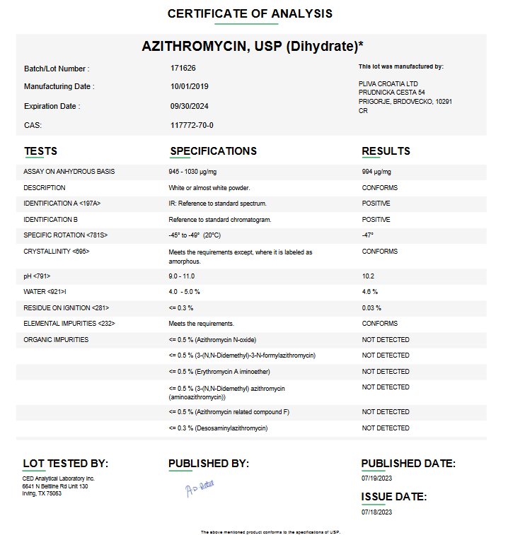 Azithromycin USP (Dihydrate) For Compounding (API) (Rx)