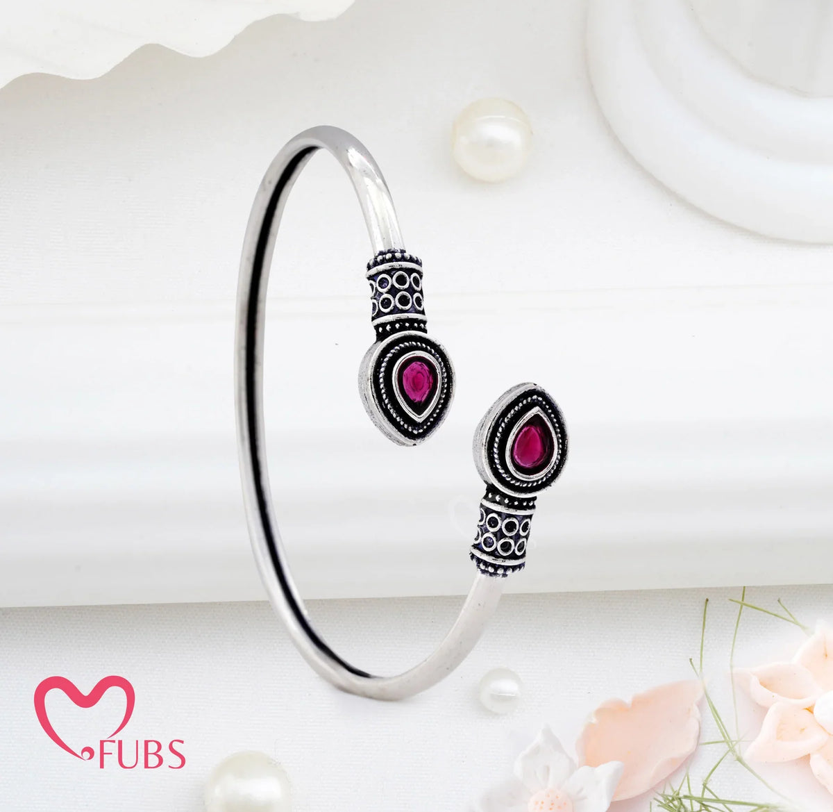 Oxidized Open Bracelet with Teardrop Stone