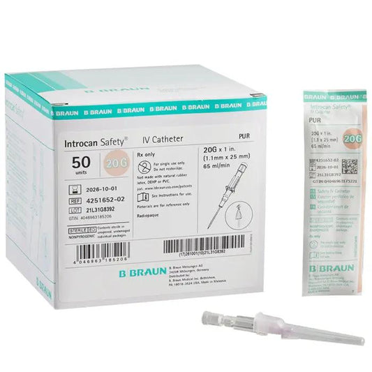 Introcan Safety Peripheral IV Catheter 20 Gauge 1 Inch Sliding Safety Needle, Straught Hub 50/Box