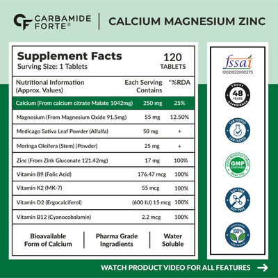 Carbamide Forte Calcium & Vitamin D3 Tablets | Calcium Magnesium Zinc - Bone Health & Joint Support - 120 Tablets