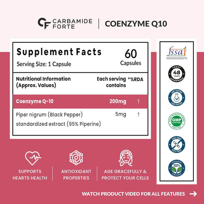 Carbamide Forte Coenzyme Q10 200mg | CoQ10 Supplement | with Piperine 5mg | Supports Heart Health and Vascular Health | 100% Vegetarian – 60 Co Q 10 Supplement Capsules