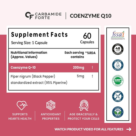 Carbamide Forte Coenzyme Q10 200mg | CoQ10 Supplement | with Piperine 5mg | Supports Heart Health and Vascular Health | 100% Vegetarian – 60 Co Q 10 Supplement Capsules
