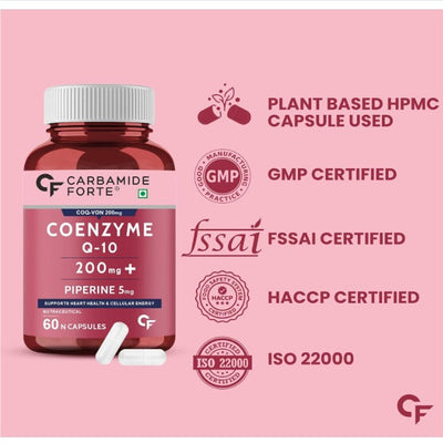 Carbamide Forte Coenzyme Q10 200mg | CoQ10 Supplement | with Piperine 5mg | Supports Heart Health and Vascular Health | 100% Vegetarian – 60 Co Q 10 Supplement Capsules
