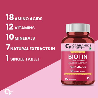Carbamide Forte Biotin Tablets for Hair Growth | Biotin Supplement with 50 Multivitamin Ingredients for Women & Men | Hair Supplements for Women & Men | Hair Growth Tablets - 90