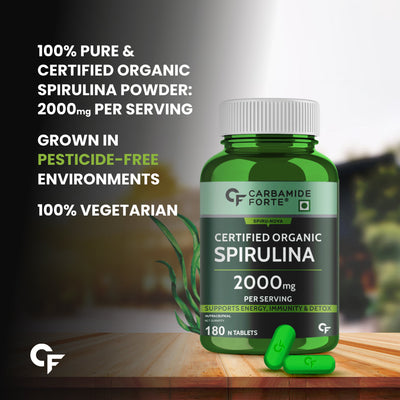 Carbamide Forte Organic Spirulina Tablets 2000 mg Per Serving - Spirulina Supplement | Supports Energy, Immunity & Detox | Certified Spirulina Organic Tablet - Veg 180 Tablets
