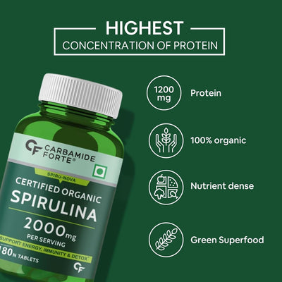 Carbamide Forte Organic Spirulina Tablets 2000 mg Per Serving - Spirulina Supplement | Supports Energy, Immunity & Detox | Certified Spirulina Organic Tablet - Veg 180 Tablets