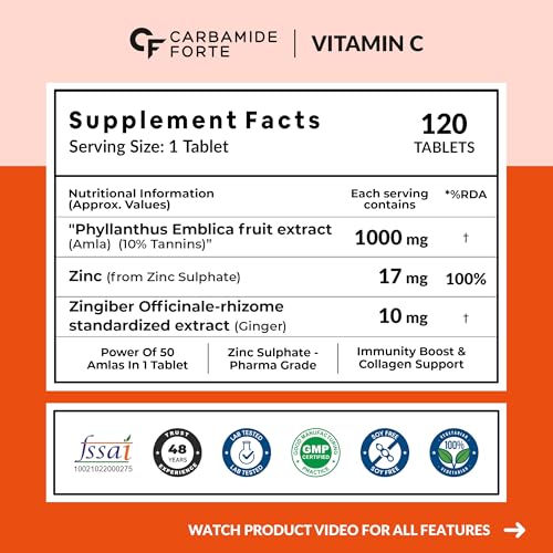Carbamide Forte Natural Vitamin C Amla Extract With Zinc For Immunity & Skincare - 120 Veg Tablets