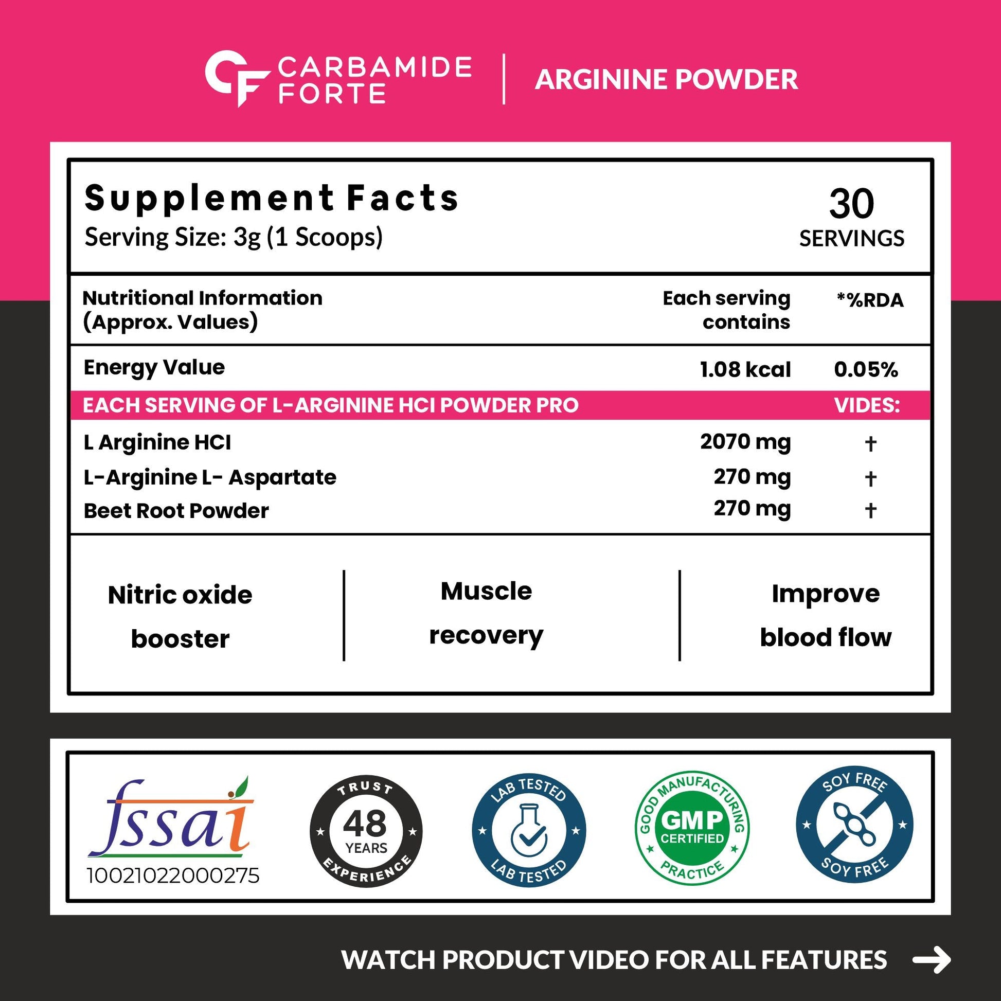 Carbamide Forte L Arginine Powder with Beetroot 3000mg - Strawberry Flavour - 90g
