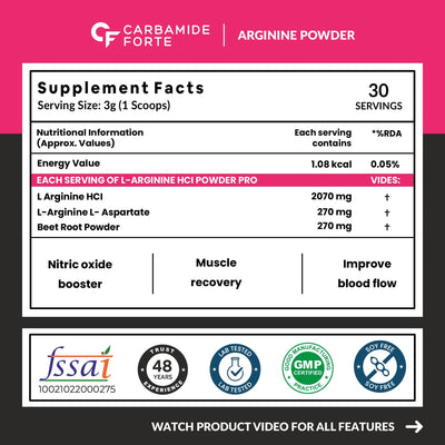 Carbamide Forte L Arginine Powder with Beetroot 3000mg - Strawberry Flavour - 90g