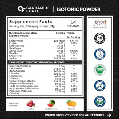 Carbamide Forte Isotonic Powder | Instant Energy Drink for Workout | Electrolyte Powder with added BCAA & L Glutamine - Watermelon Flavour - 500g (Pack of 1)