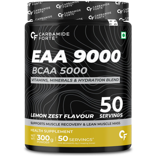 Carbamide Forte Eaa Supplement With Bcaa 5000Mg | Eaa intra workout Supplement For Men & Women With Hydration Blend & Vitamins – Lemon Zest Flavour - 50 Servings - Powder 300G