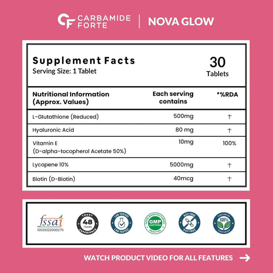 Carbamide Forte Japanese Reduced L Glutathione Tablets 500mg with Vitamin E | Glutathione with Hyaluronic Acid, Vitamin E, Lycopene & Biotin – 30 Veg Tablets Each