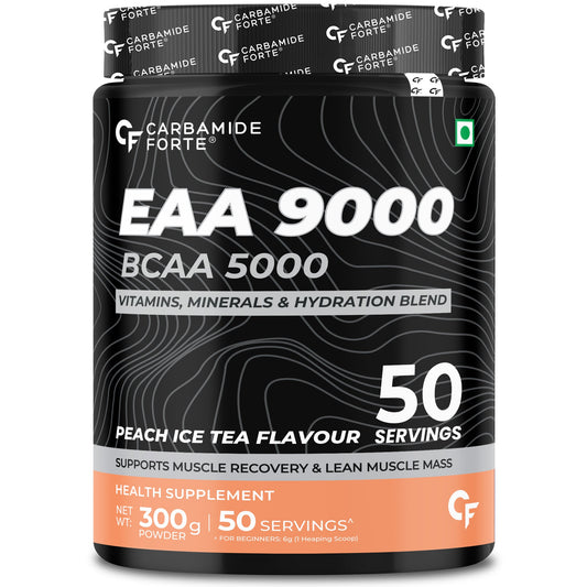 Carbamide Forte Eaa Supplement For Men & Women With Hydration Blend & Vitamins | Eaa intra workout Supplement With Bcaa 5000Mg - Peach Iced Tea Flavour - 50 Servings - Powder 300G
