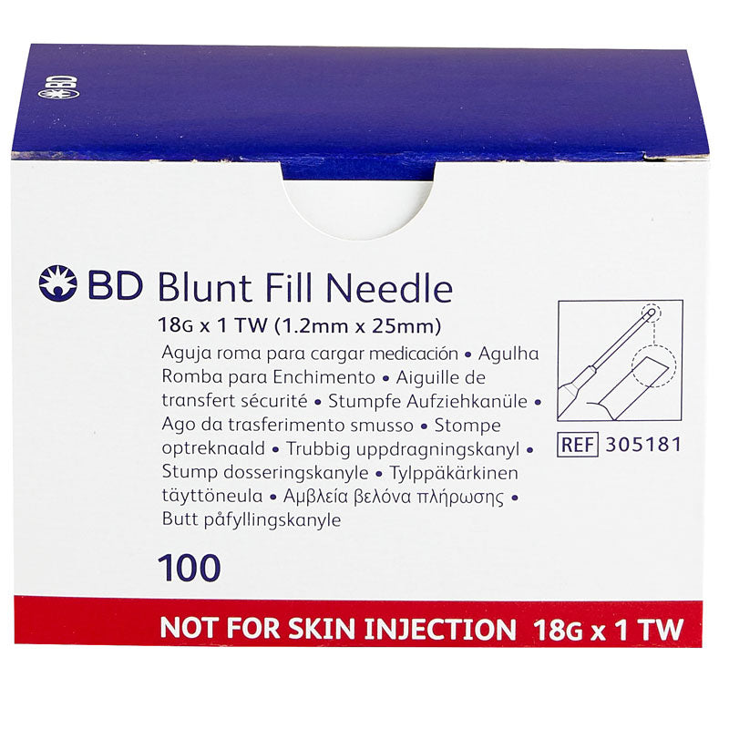 BD Blunt Fill Needle 18 gauge x 1" TW (1.2mm X 25mm) Not For Skin Injection 100/Box