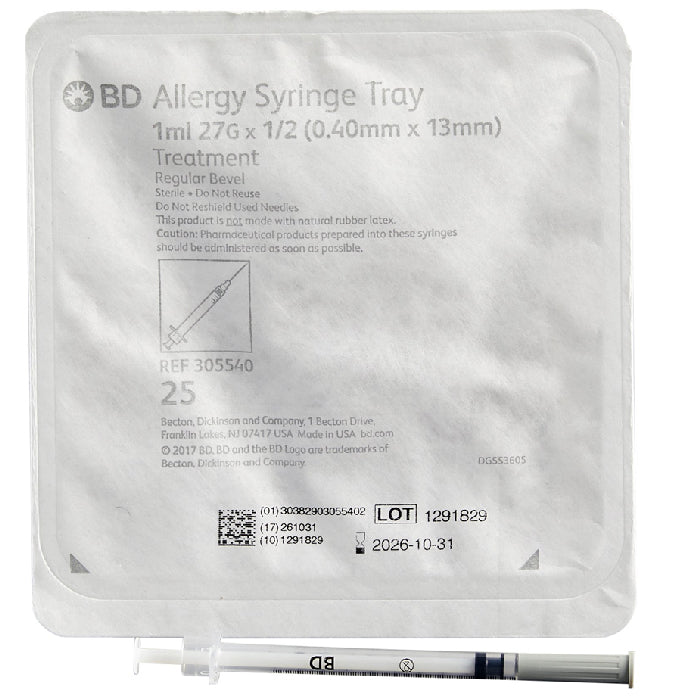 BD Allergist Tray 27 gauge x 3/8 Syringes, 1 mL Thin Wall, 25 Count
