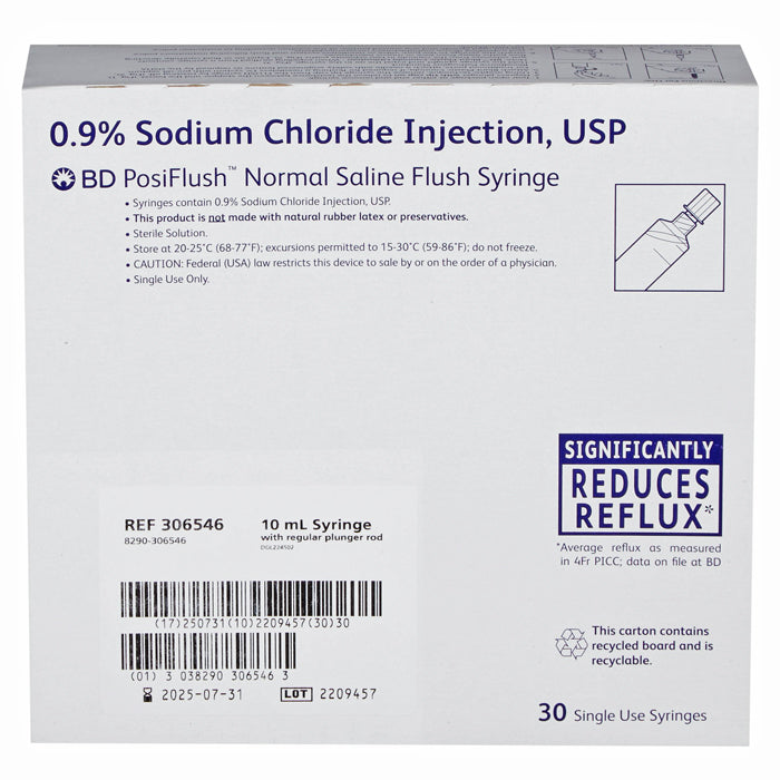 BD Saline Flush Syringe (Sodium Chloride 0.9%) PosiFlush 10 mL, 30/box
