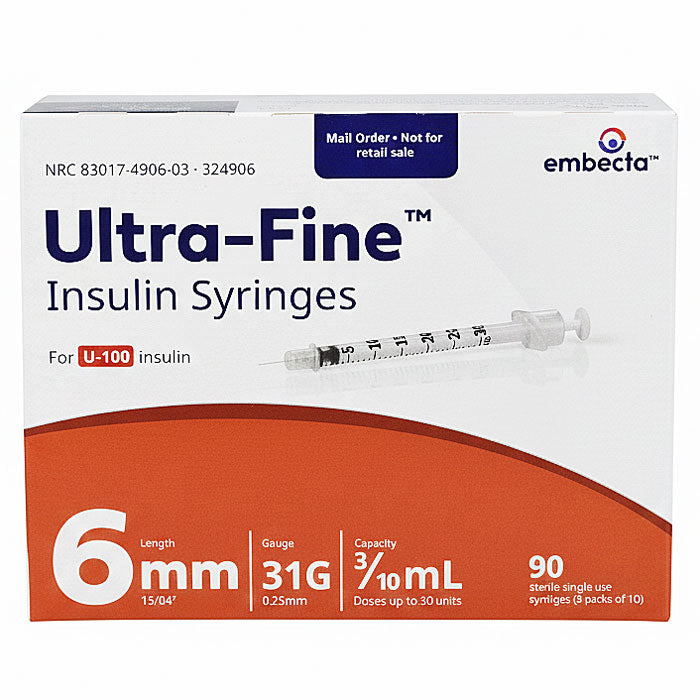 BD Insulin Syringes 31 gauge x 3/10 mL Ultra-Fine Needle 6mm, Sterile 90/box
