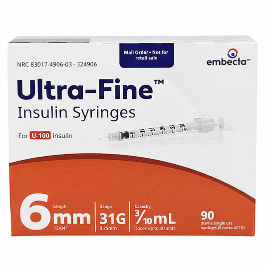 BD Insulin Syringes 31 gauge x 3/10 mL Ultra-Fine Needle 6mm, Sterile 90/box