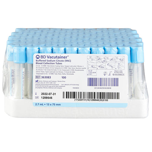 Citrate Tubes BD Vacutainer Blue Top Tube 2.7 mL, 13mm x 75 mm, 100/Pack