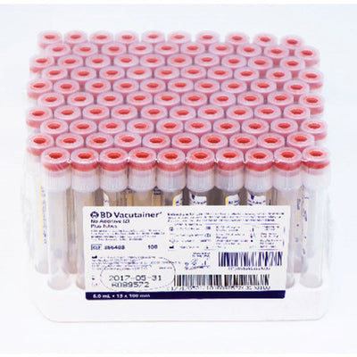 BD Vacutainer No Additive (Z) 6 mL Blood Collection Tubes 13mm x 100mm, 100/box