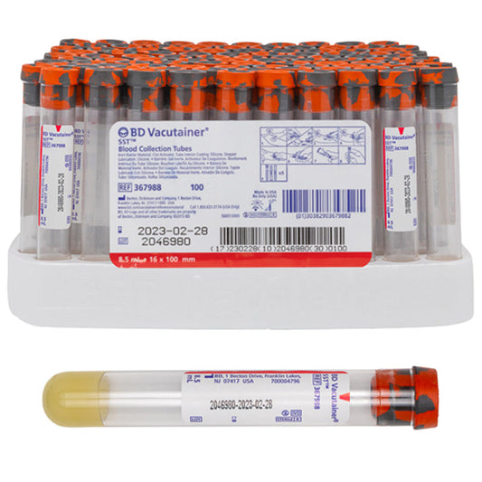 Serum Separator Tube (SST) Blood Collection Tubes, BD Vacutainer with Red Tops, 8.5 mL 16mm x 100 mm, 100/Box
