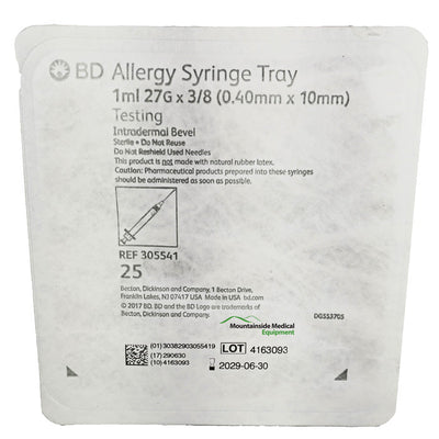 BD Allergist Tray 27 gauge x 3/8 Syringes, 1 mL Thin Wall, 25 Count