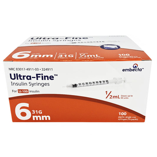 BD Insulin Syringes 31 Gauge x 1/2" with Ultra-Fine Needle 6mm Sterile (10-Packs) 100/box