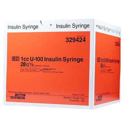 Insulin Syringes 28 Gauge x 1/2 inch, 1 mL Micro-Fine Needle U-100 Embecta 329424 Sterile 100/Box