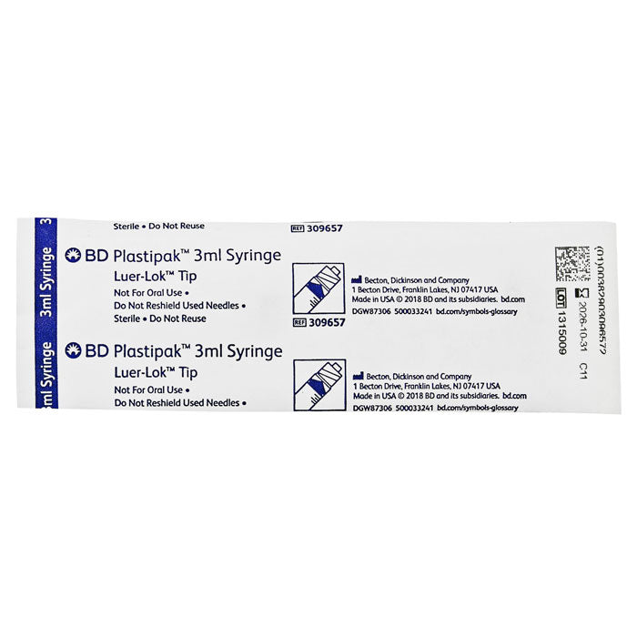 BD Plastipak 3 mL General Purpose Syringe with Luer Lok Tip Without Safety 200/Box