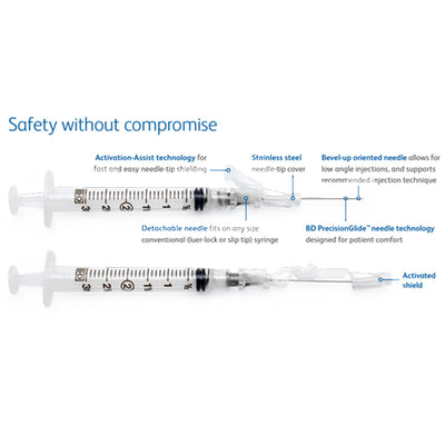 BD 23g x 1 inch SafetyGlide with 3mL Luer-lok Syringe, 50/box